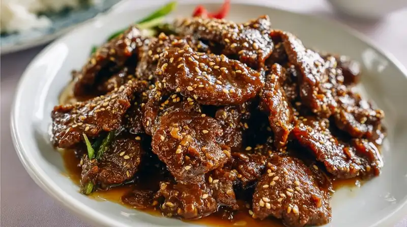 Crispy sesame beef coated in glossy sauce and topped with toasted sesame seeds