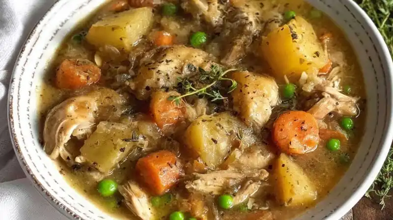 Slow_Cooker_Chicken_Stew_1_result Comforting crockpot chicken stew with carrots, potatoes, and peas
