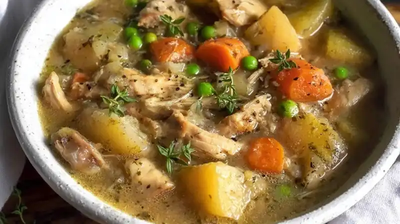 Hearty slow cooker chicken stew with vegetables in a bowl
