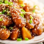 Tender orange chicken in a rich citrus glaze, garnished with fresh orange slices.