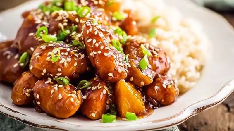 Tender orange chicken in a rich citrus glaze, garnished with fresh orange slices.