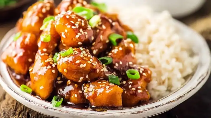 Slow_Cooker_Orange_Chick_3_result Slow cooker orange chicken served over rice with sesame seeds and green onions