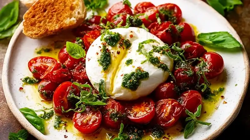 Creamy burrata nestled on a bed of roasted cherry tomatoes and drizzled with pesto