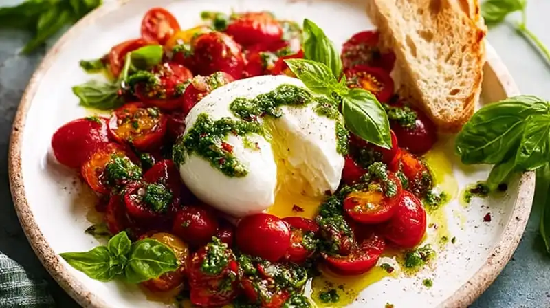 Tomato_Burrata_Salad_2_result Tomato Burrata Salad served with fresh basil and crusty bread