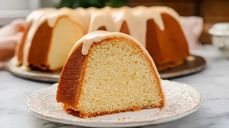 Thick slices of vanilla buttermilk pound cake with golden crust and drizzle of sweet glaze