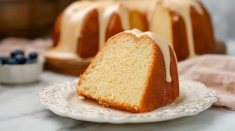 Vanilla_Buttermilk_Pound_3_result Moist vanilla buttermilk pound cake topped with glossy brown butter glaze on a white cake stand