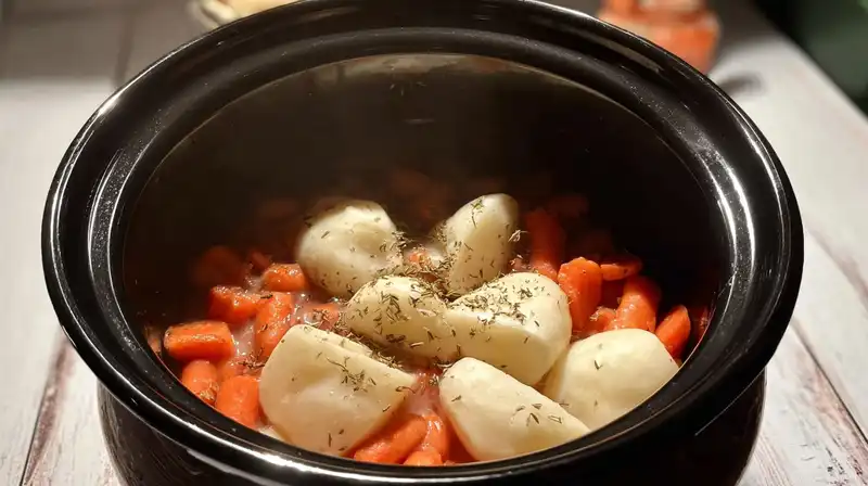 Witches_Cauldron_Cassero_0_result Beef, carrots, celery, and tomato soup mixture in slow cooker for witches cauldron casserole