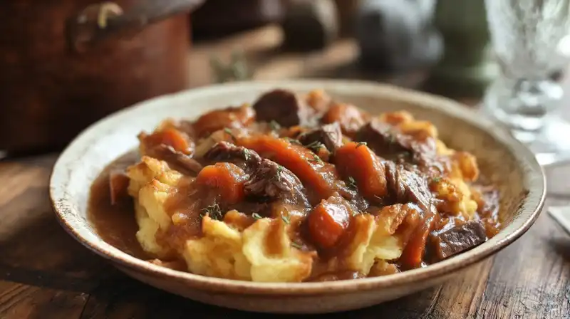 Witches cauldron casserole with mashed potato topping and savory beef stew