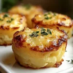 Golden cheesy mashed potato puffs baked in muffin tin with crispy Parmesan crust