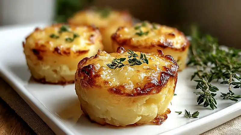 Golden cheesy mashed potato puffs baked in muffin tin with crispy Parmesan crust