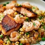 Golden salmon chunks and prawns on top of fluffy fried rice