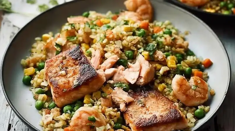 seared_salmon_and_prawn_2_result Seared salmon and prawn fried rice served with vegetables in a wok