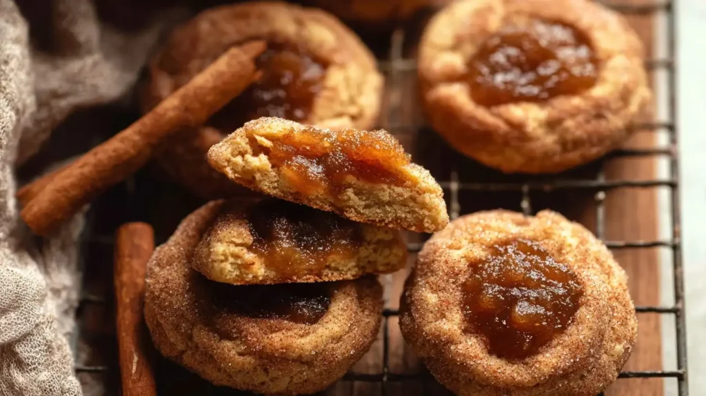 A stack of soft and chewy apple butter snickerdoodles cookies on a white plate, with one broken open to show the gooey apple butter center.
