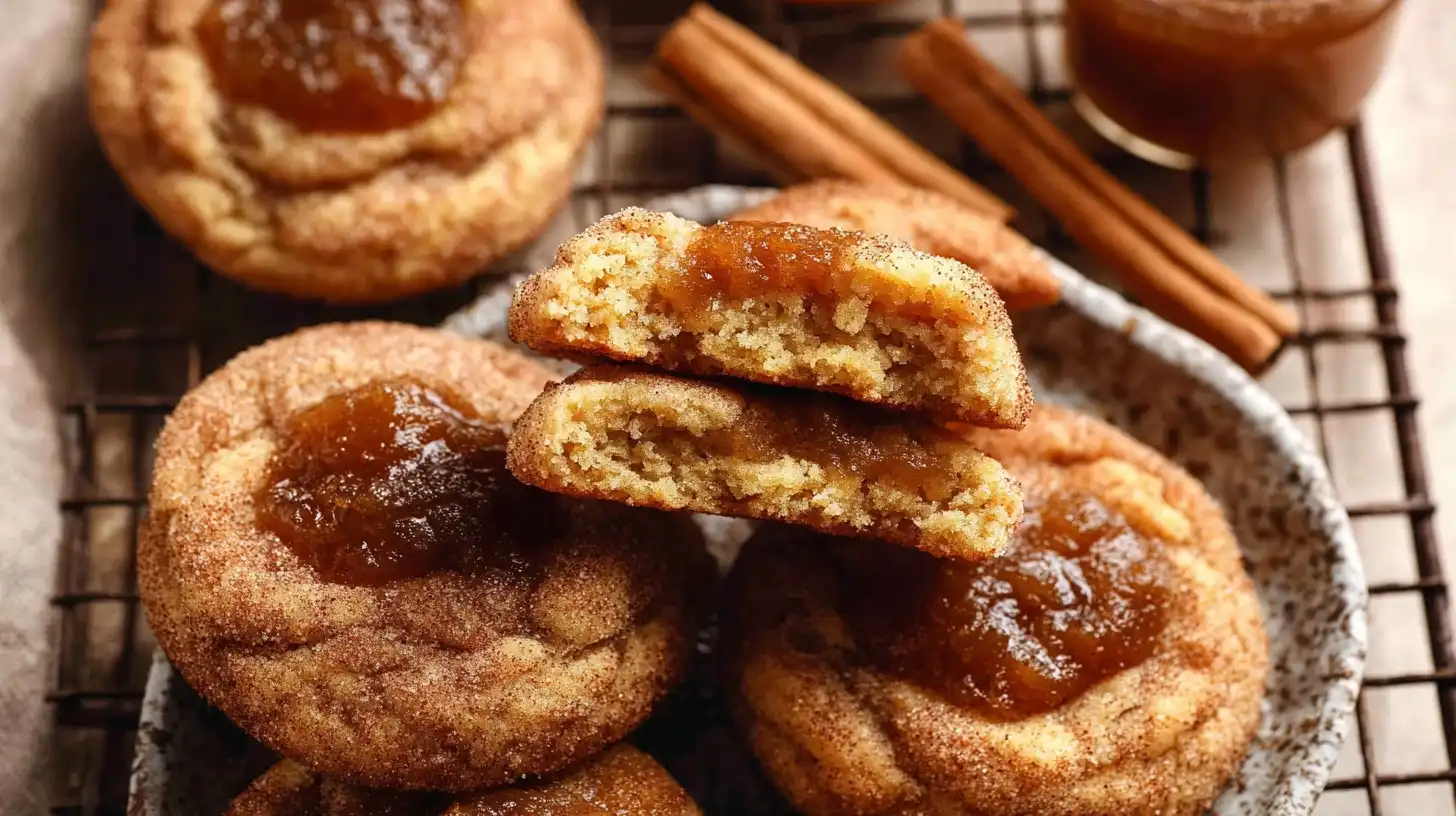 Apple_Butter_Snickerdood_2_resultat A close-up of a perfectly baked apple butter snickerdoodle cookie, sprinkled with sparkling turbinado sugar and sitting next to a cinnamon stick.