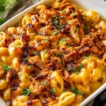 Creamy BBQ Chicken Mac and Cheese baked with a golden cheddar crust and a light barbecue sauce drizzle