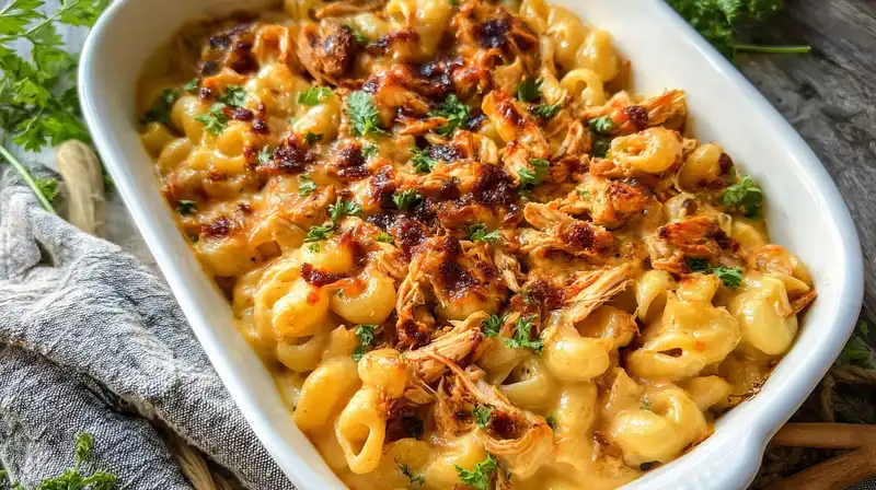 BBQ_Chicken_Mac_and_Chee_2_result BBQ Chicken Mac and Cheese in a skillet with smoky chicken, glossy cheddar and pepper jack shells, cilantro garnish