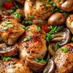 Peppery chicken and mushroom stir fry over steamed rice with sesame seeds