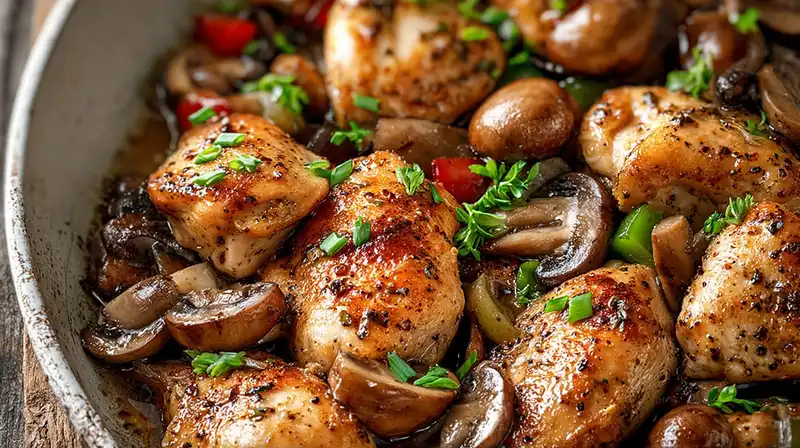 Peppery chicken and mushroom stir fry over steamed rice with sesame seeds