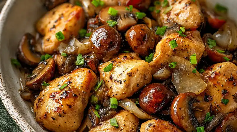 Black_Pepper_Chicken_wit_1_result Black pepper chicken with mushrooms in glossy sauce topped with green onions in a skillet