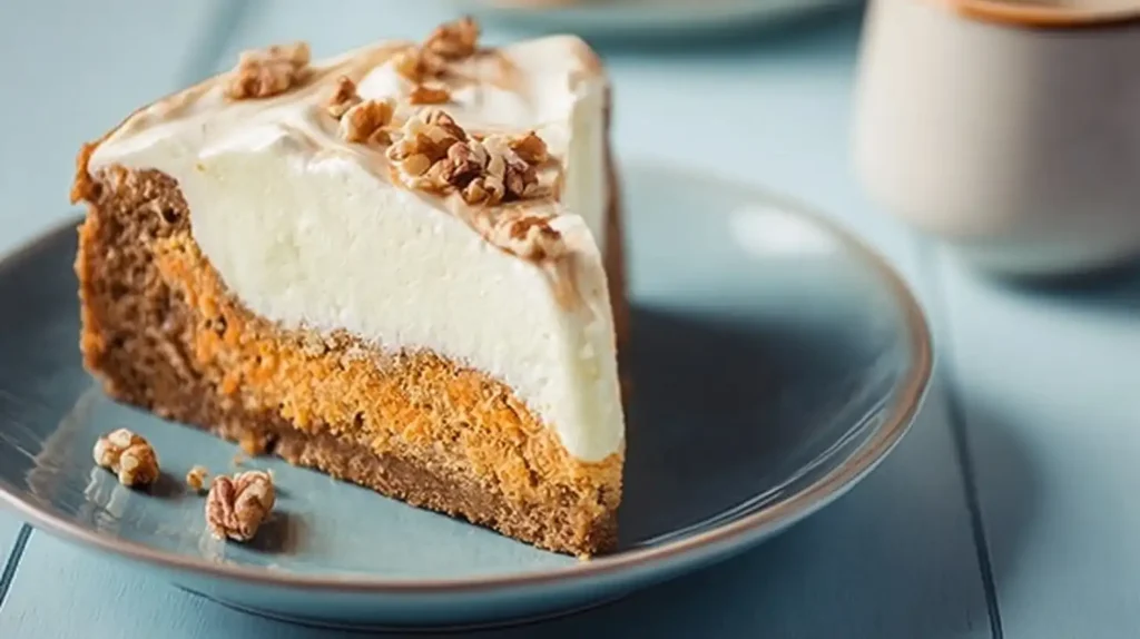 Whole carrot cake cheesecake topped with cream cheese frosting and chopped pecans