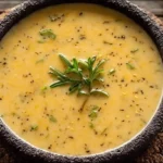 A close-up shot of rich and velvety cheddar potato soup with melted cheese.