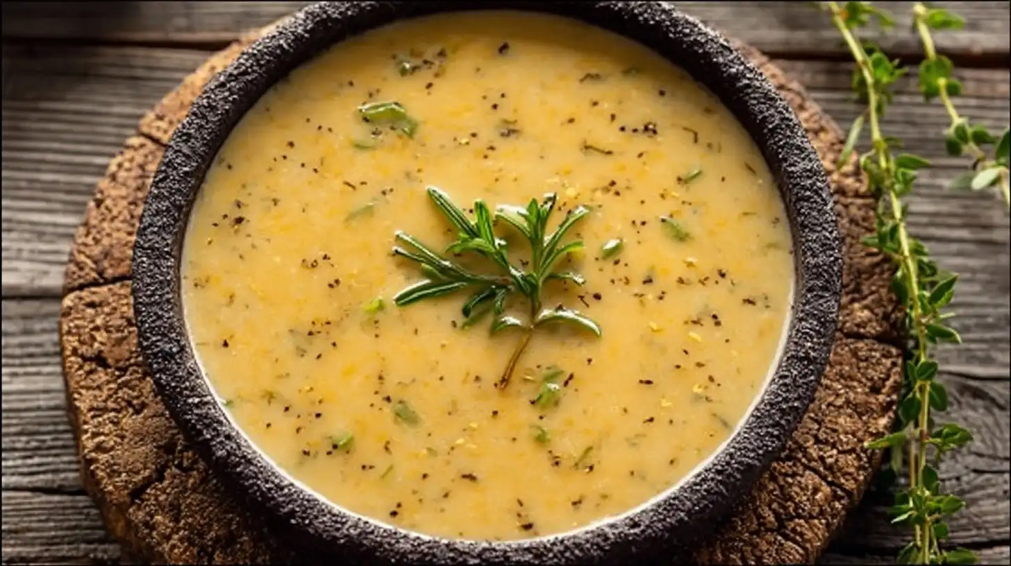 A close-up shot of rich and velvety cheddar potato soup with melted cheese.