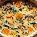 Cozy autumn wild rice soup with mushrooms kale and sweet potato in a bowl