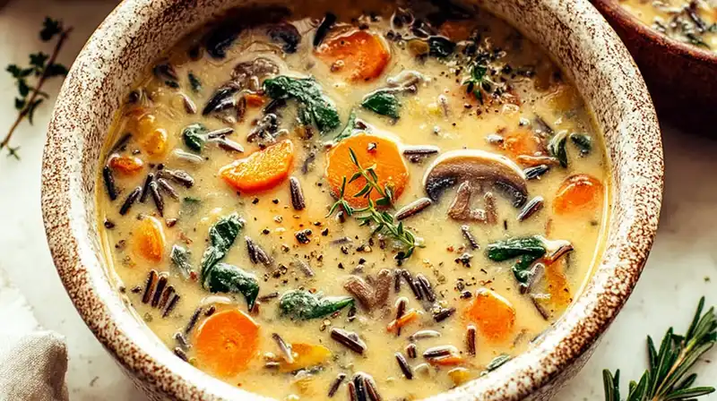 Cozy autumn wild rice soup with mushrooms kale and sweet potato in a bowl