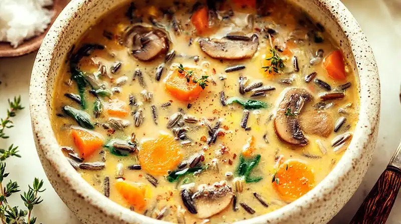 Cozy_Autumn_Wild_Rice_1_result Creamy wild rice soup topped with tender kale and sweet potato cubes