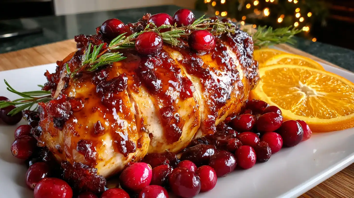 A perfectly roasted Cranberry Orange Glazed Turkey Breast, sliced and ready to serve on a platter.