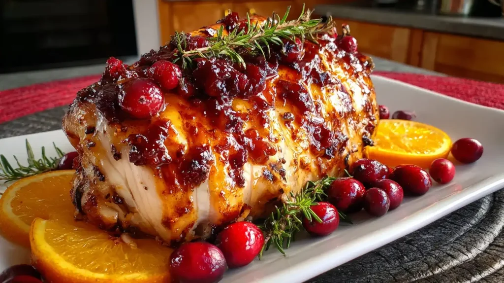 Close-up shot of a moist and juicy slice of roasted turkey breast with cranberry orange glaze.