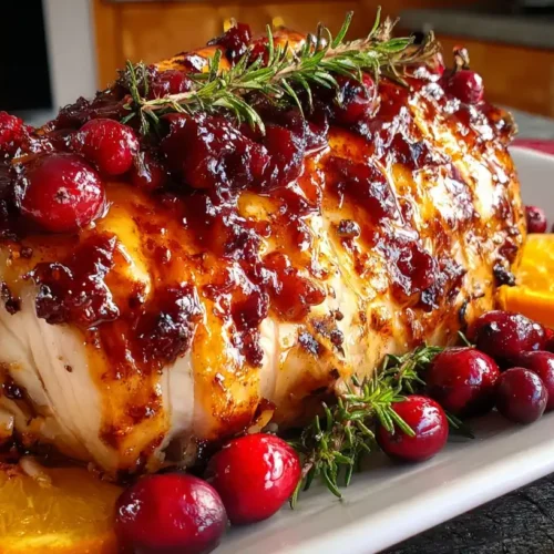 Close-up shot of a moist and juicy slice of roasted turkey breast with cranberry orange glaze.