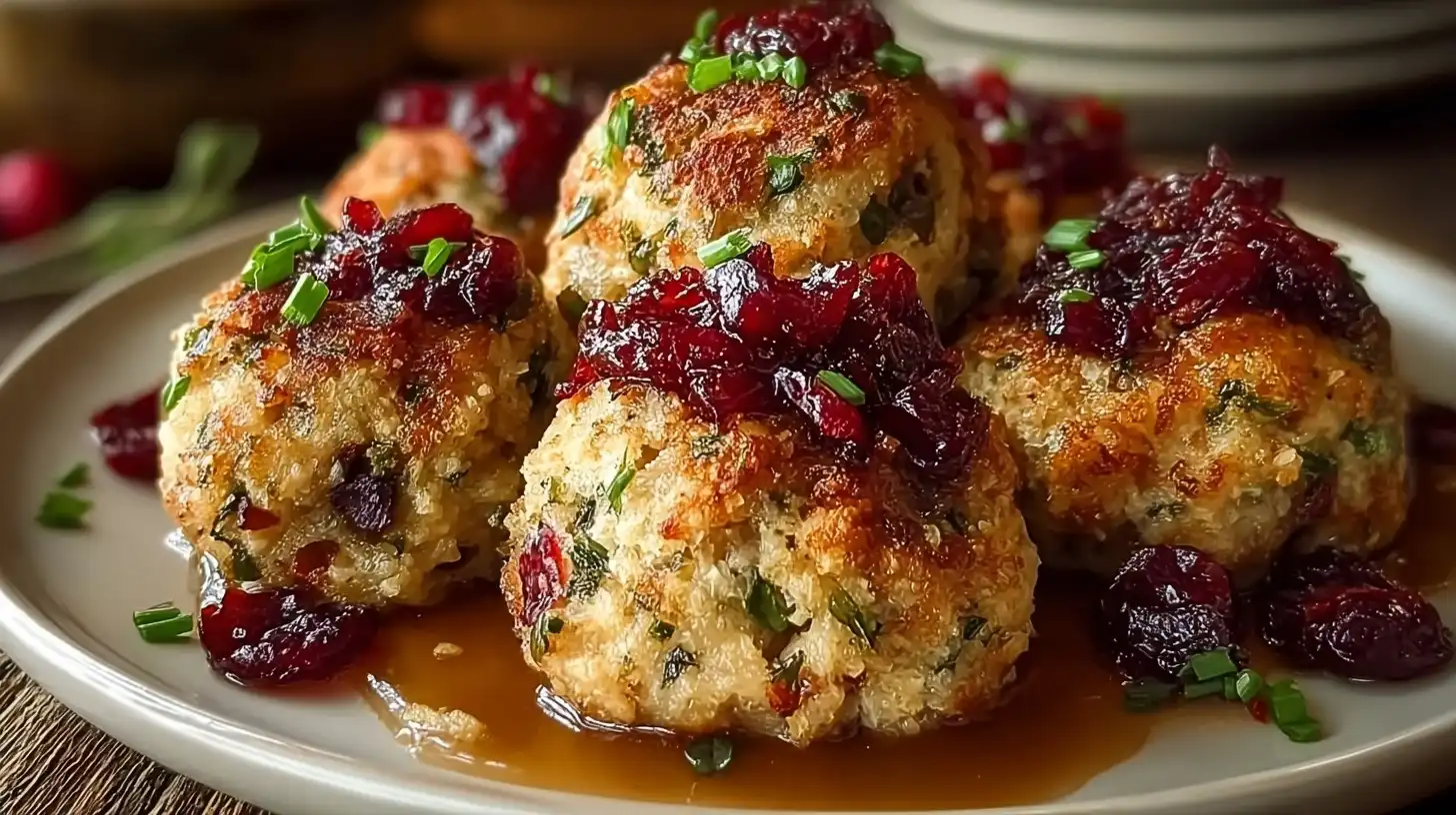 A close-up of a crispy, golden-brown cranberry turkey stuffing ball.