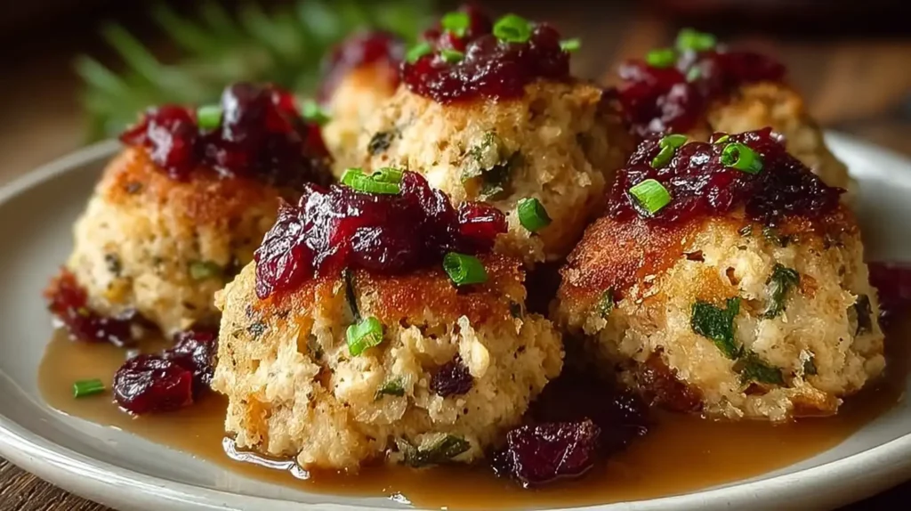 Cranberry turkey stuffing balls appetizer on a platter with dipping sauce.