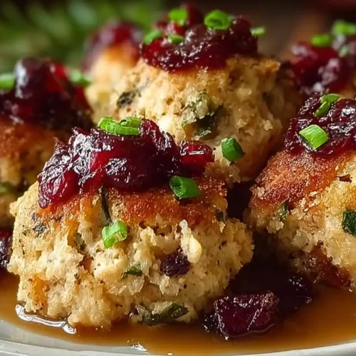 Cranberry turkey stuffing balls appetizer on a platter with dipping sauce.