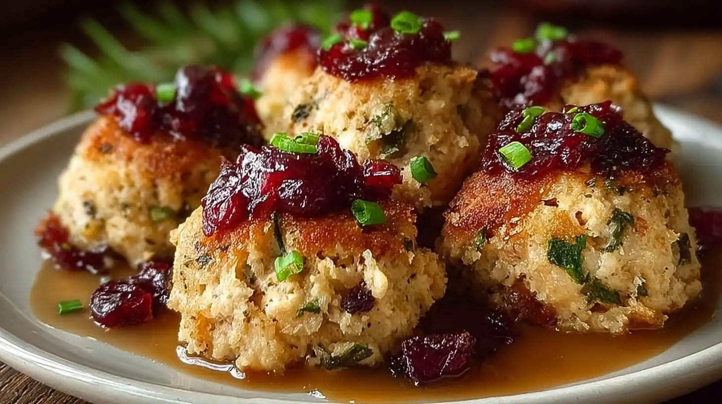 Cranberry turkey stuffing balls appetizer on a platter with dipping sauce.