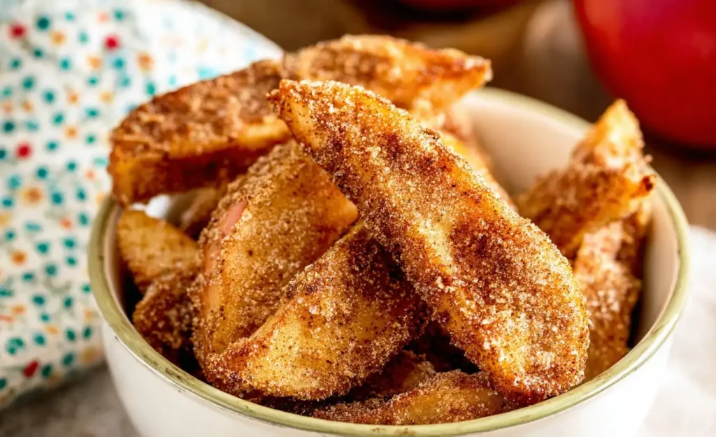 Golden apple fries stacked in a bowl with powdered sugar glaze drizzle