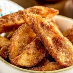 Golden apple fries stacked in a bowl with powdered sugar glaze drizzle