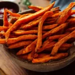 Crispy oven baked sweet potato fries piled on parchment with sea salt and fresh pepper