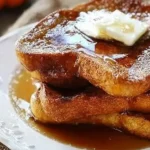Fall Pumpkin French Toast with crispy edges and custardy center topped with maple syrup whipped cream and crushed pecans on a warm plate