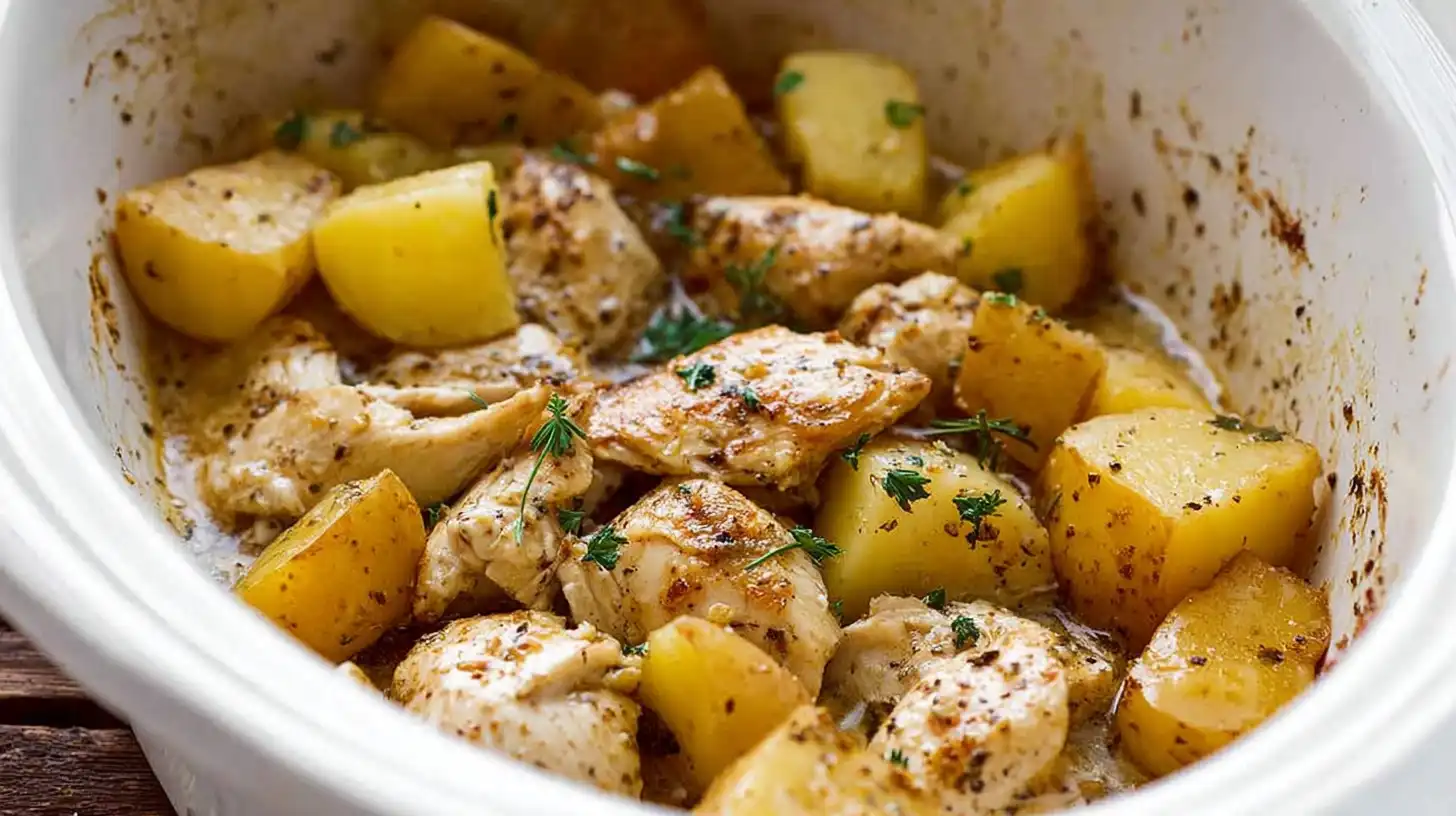 Garlic_Parmesan_Crockpot_0_resultat Layering chicken and potatoes in a crockpot for Garlic Parmesan Crockpot Chicken and Potatoes