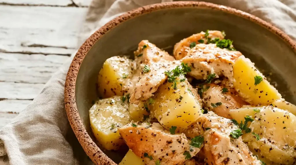 Creamy garlic parmesan chicken with tender Yukon gold potatoes fresh from the slow cooker