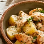 Creamy garlic parmesan chicken with tender Yukon gold potatoes fresh from the slow cooker
