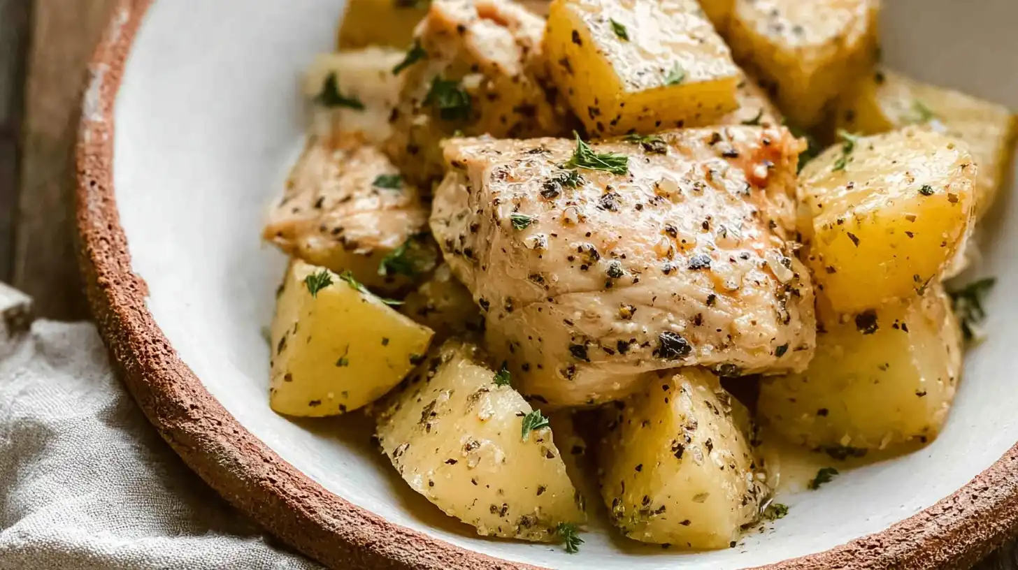 Garlic_Parmesan_Crockpot_2_resultat Garlic Parmesan Crockpot Chicken and Potatoes served in a bowl with fresh parsley and extra parmesan