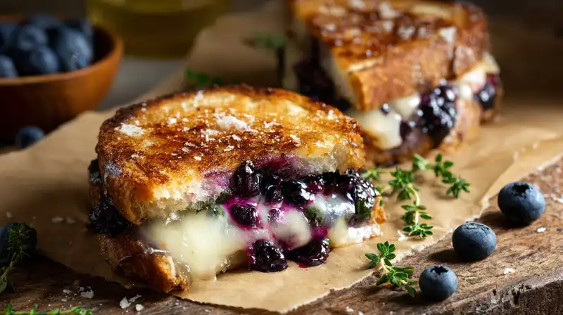 Gourmet Blueberry Grilled Cheese close up showing stretch mozzarella, sharp cheddar and blueberry jam finished with flaky sea salt and fresh thyme
