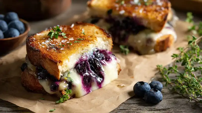 Gourmet_Blueberry_Grille_2_result Gourmet Blueberry Grilled Cheese with golden sourdough, melty white cheddar and mozzarella, and glossy blueberry lemon thyme jam, sliced on a board