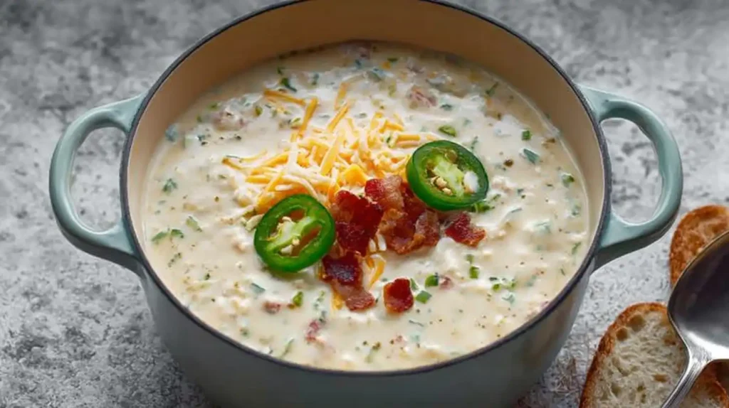 Close-up of a bowl of rich Jalapeno Popper Soup, topped with melted shredded cheddar and a swirl of cream cheese, ready to be enjoyed.