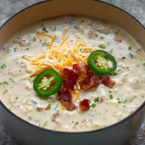 Close-up of a bowl of rich Jalapeno Popper Soup, topped with melted shredded cheddar and a swirl of cream cheese, ready to be enjoyed.