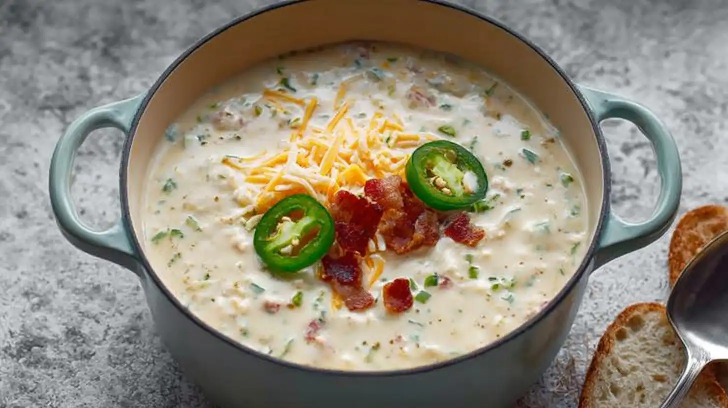 Close-up of a bowl of rich Jalapeno Popper Soup, topped with melted shredded cheddar and a swirl of cream cheese, ready to be enjoyed.