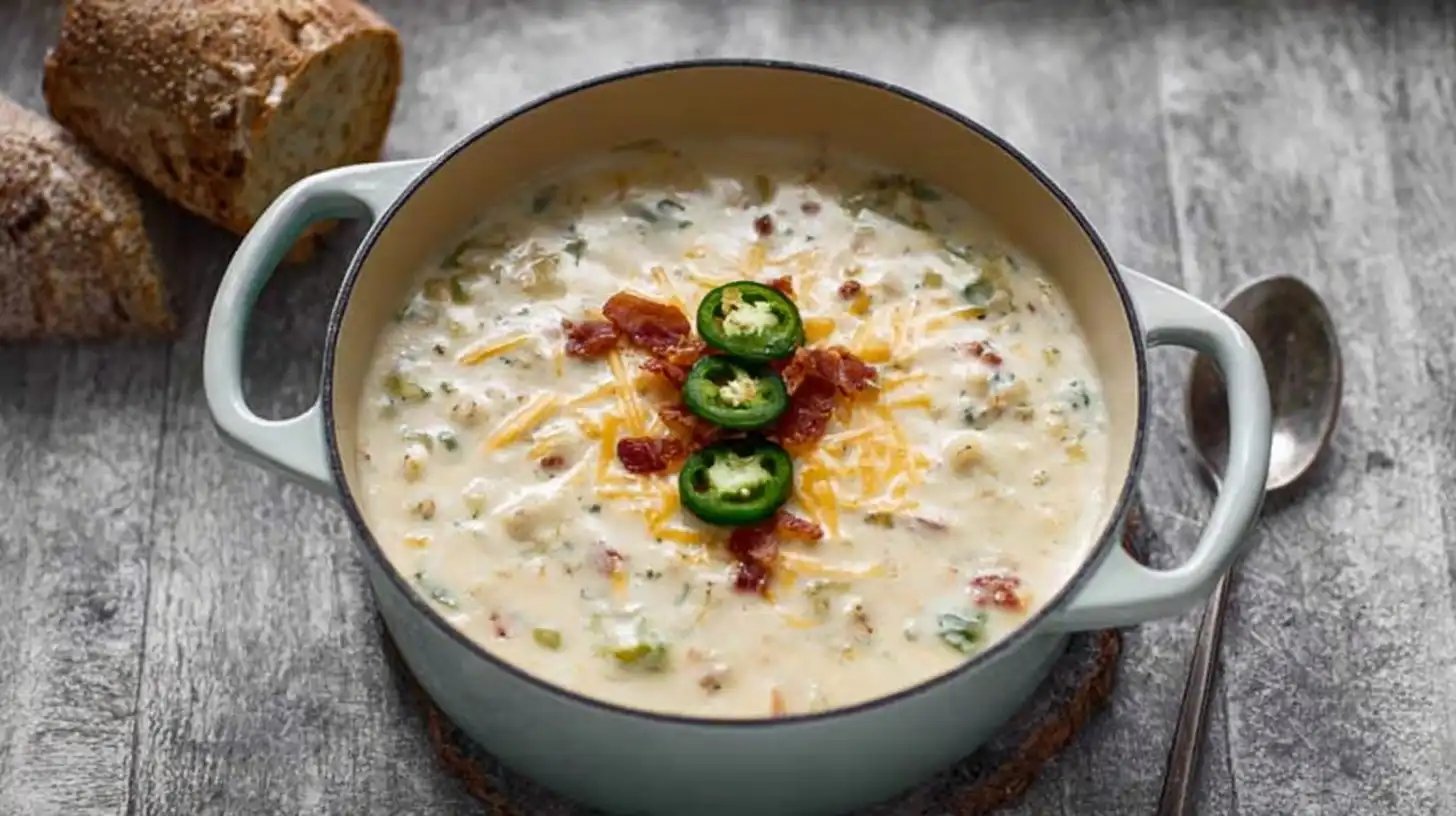 A creamy, golden-hued Jalapeno Popper Soup in a white bowl, garnished with fresh chopped chives and crispy bacon bits.